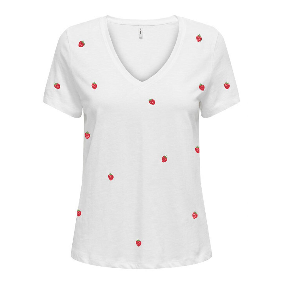 T-shirt scollo a V, ricamo bianco fragola, ONLY