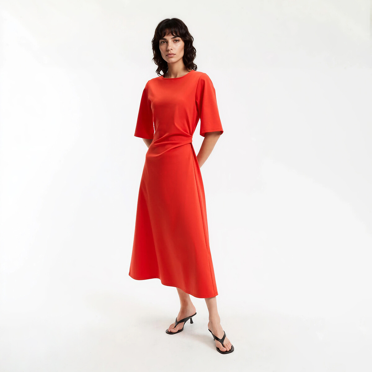 Robe midi manches coudes à taille drapée rouge, LA REDOUTE COLLECTIONS