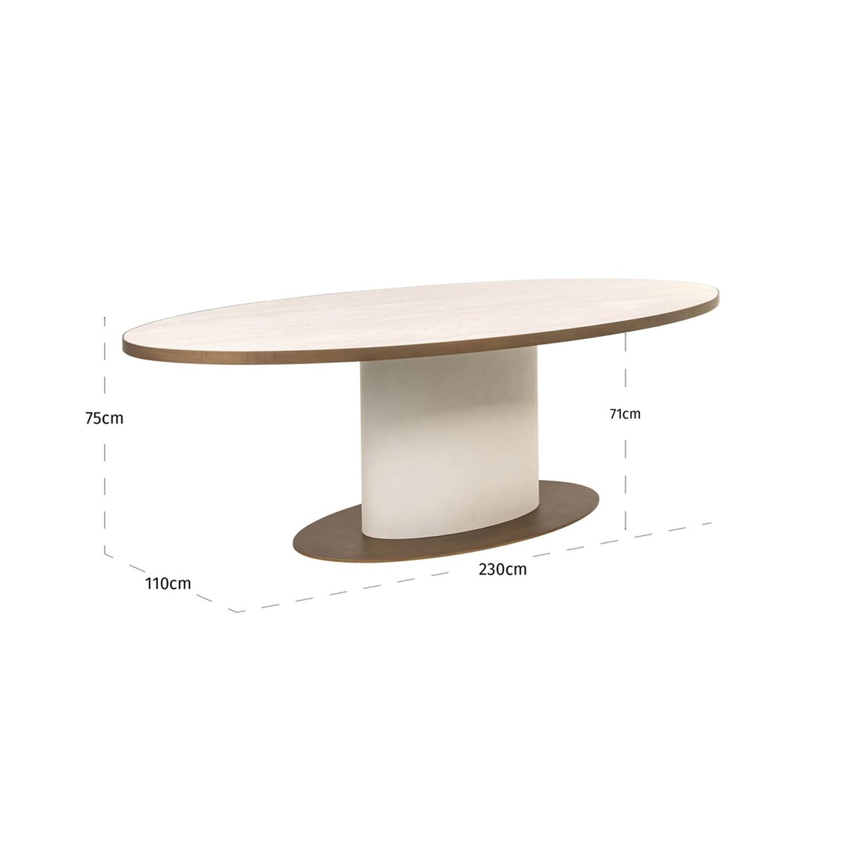 Table à manger ovale en céramique et métal Tivoli blanc travertin et bronze doré, RECOLLECTION