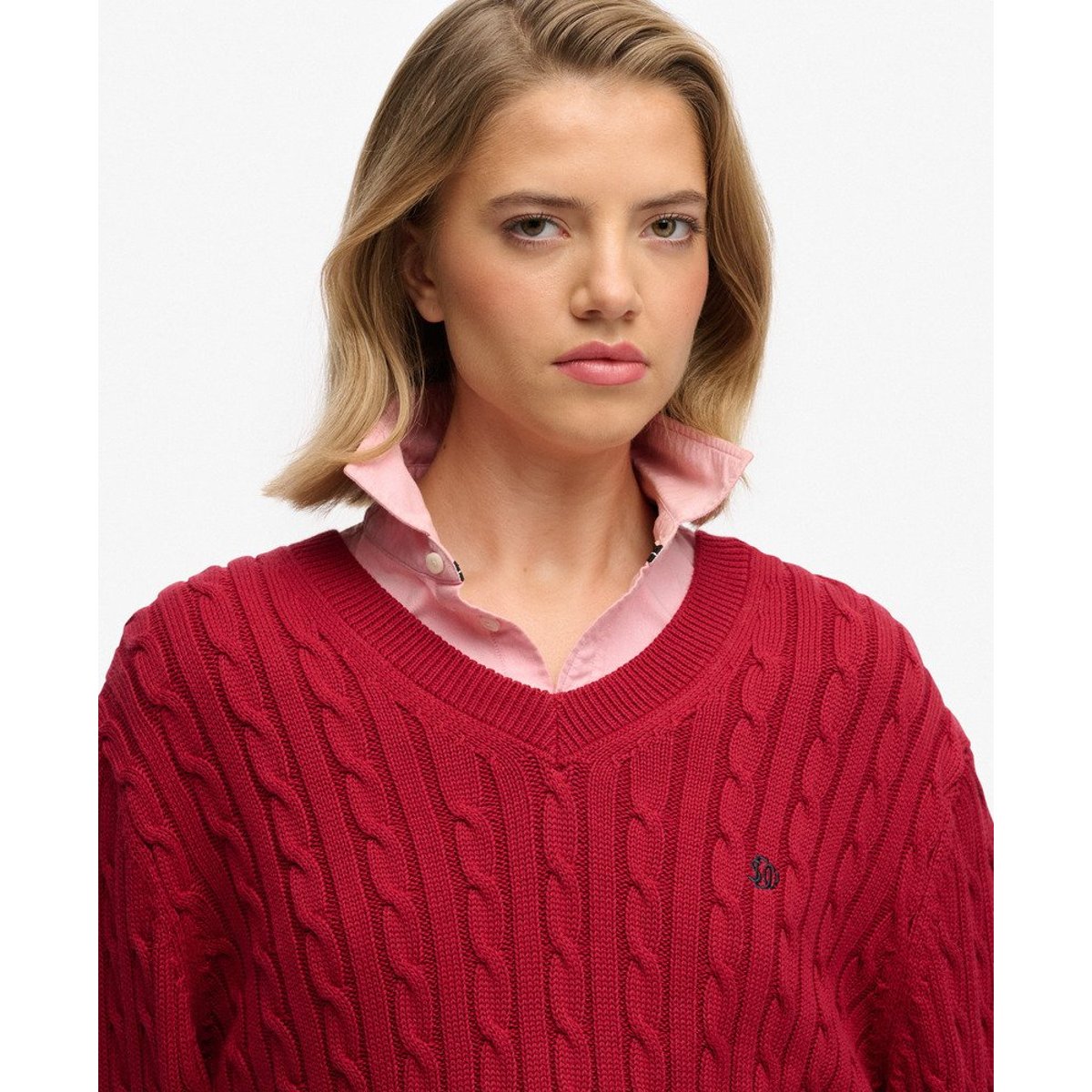 Pull à Câbles Col V Oversize rouge bordeaux, SUPERDRY