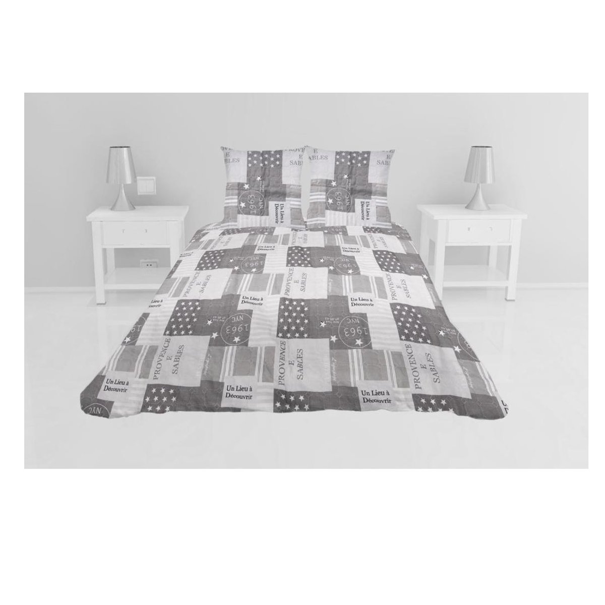 Couvre lit microfibre + taies 240 x 260 cm Provence gris, EDEN