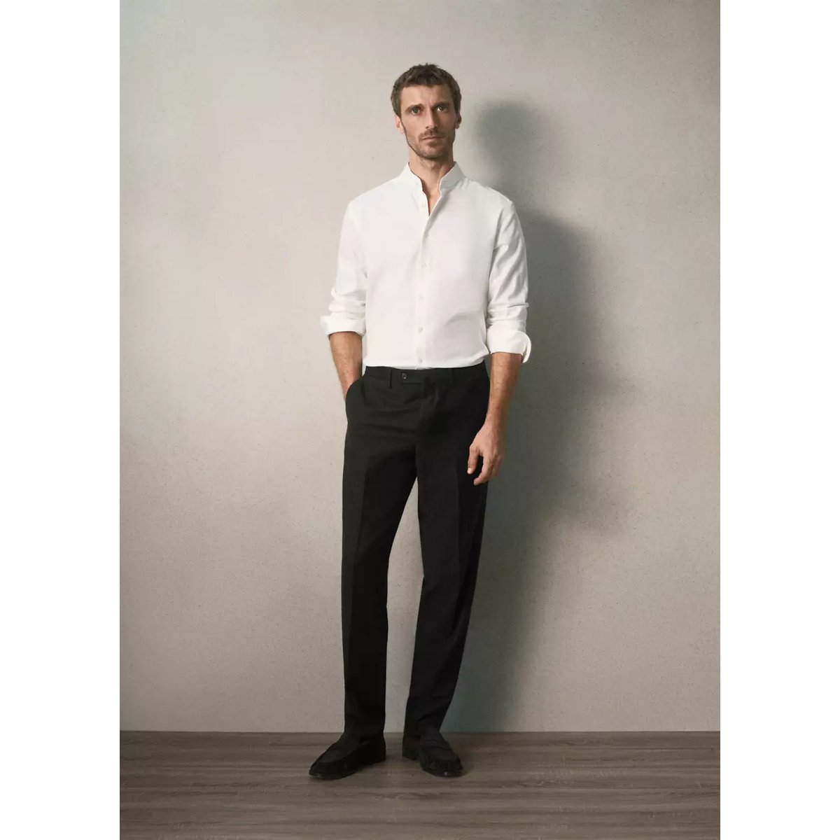 Chemise en coton à col mao slim fit blanc, MANGO MAN