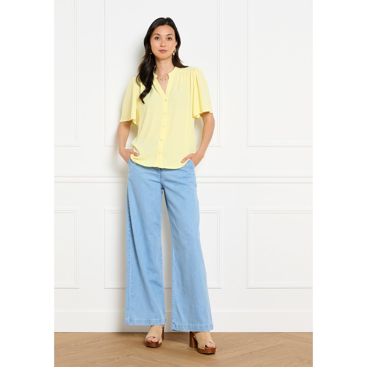 Blouse fluide col mao jaune pastel, LOLALIZA