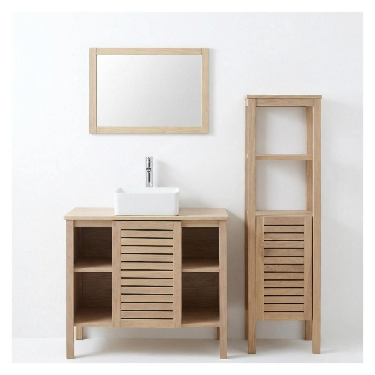 Ensemble simple vasque 90cm chêne avec vasque, robinet, miroir et colonne TALIX chêne, MOB IN
