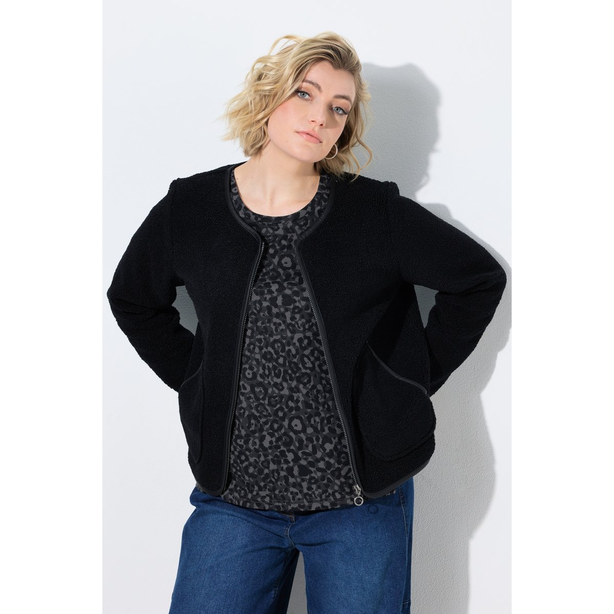 Veste en polaire, passepoil imitation cuir noir, ULLA POPKEN