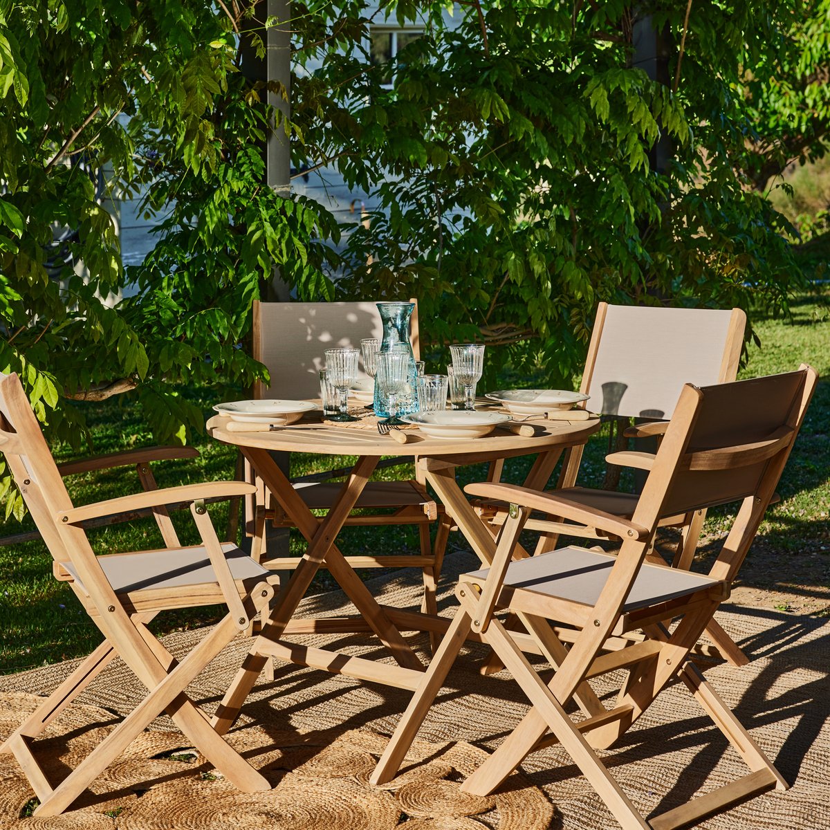 Salon de jardin, 4 chaises, JAVA LIGHT bois clair, textilène beige, DEFORA HOME
