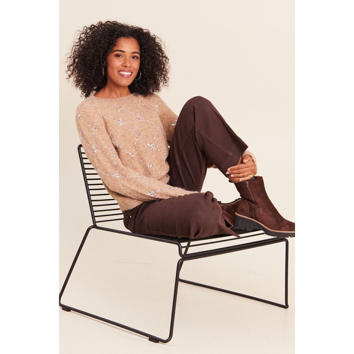 Pull col rond à sequins marron clair, BREAL