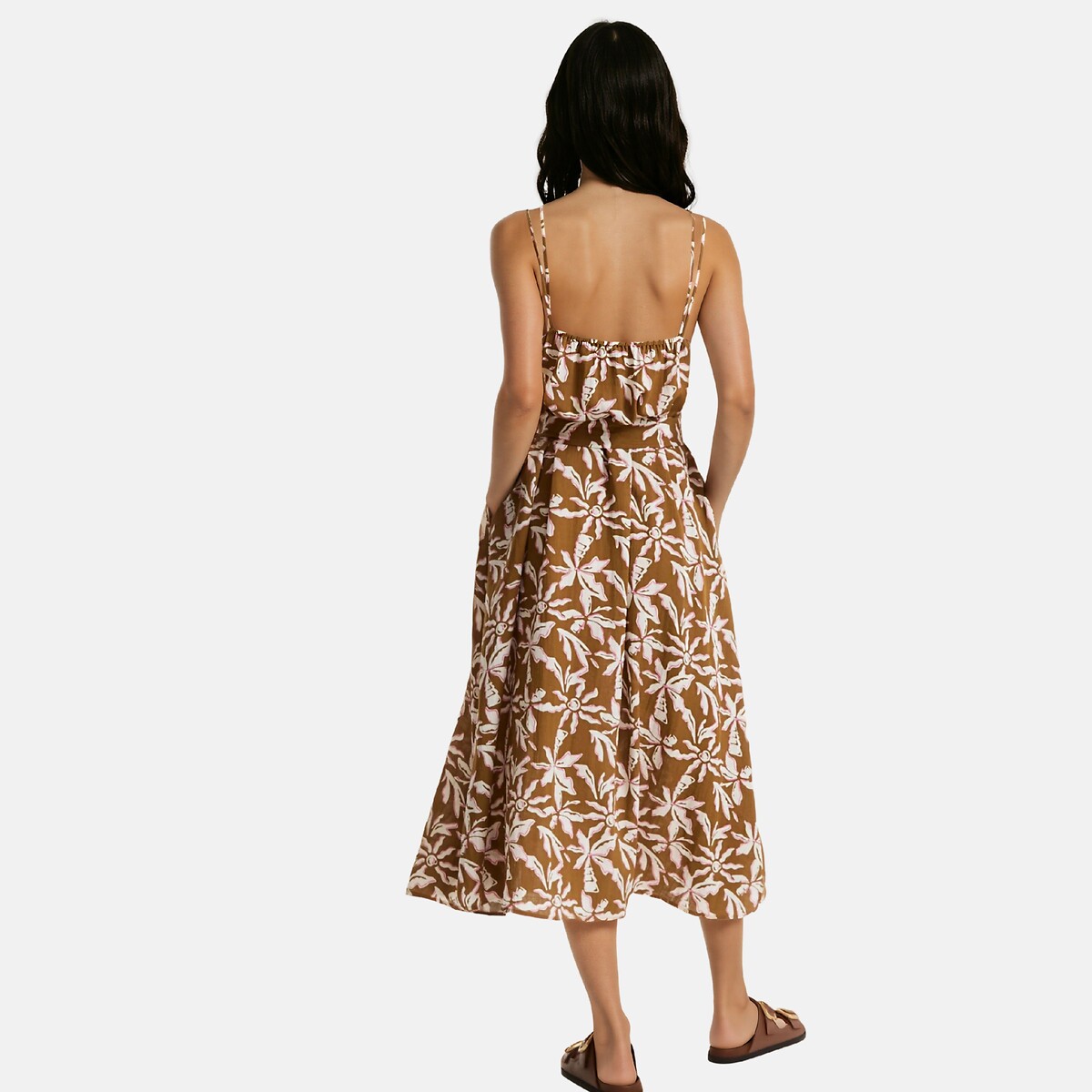 Robe midi à fines bretelles imprimé floral imprimé camel, LA REDOUTE COLLECTIONS