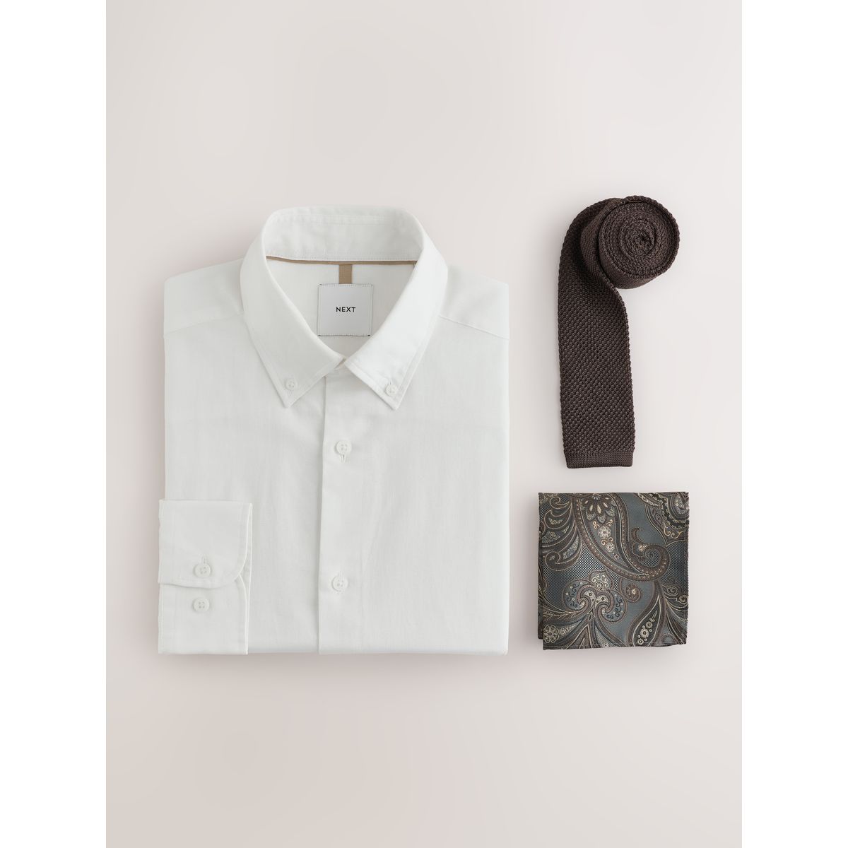 Chemise habillée slim coton/lin et cravate blanc, NEXT