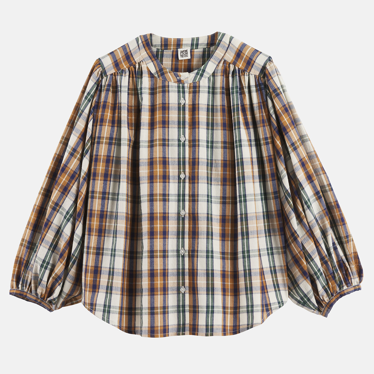 Blouse col mao oversize à carreaux, Signature BERTHE bleu marine/carreaux, LA REDOUTE COLLECTIONS