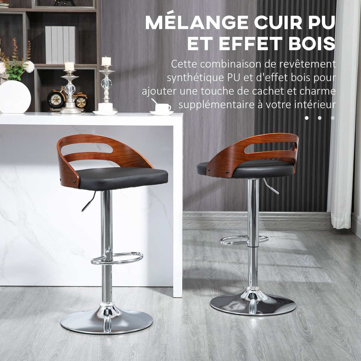 Tabouret de bar revêtement synthétique PU noir, aspect bois, chrome, HOMCOM