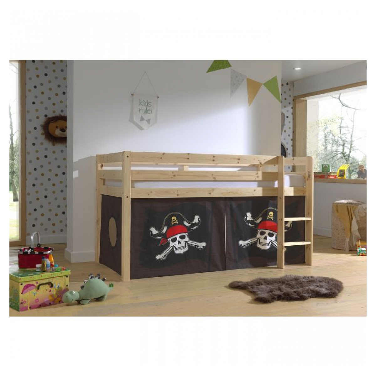 Lit Compact Naturel + Rideau en parties Pirate des Caraibes couleur unique, VIPACK