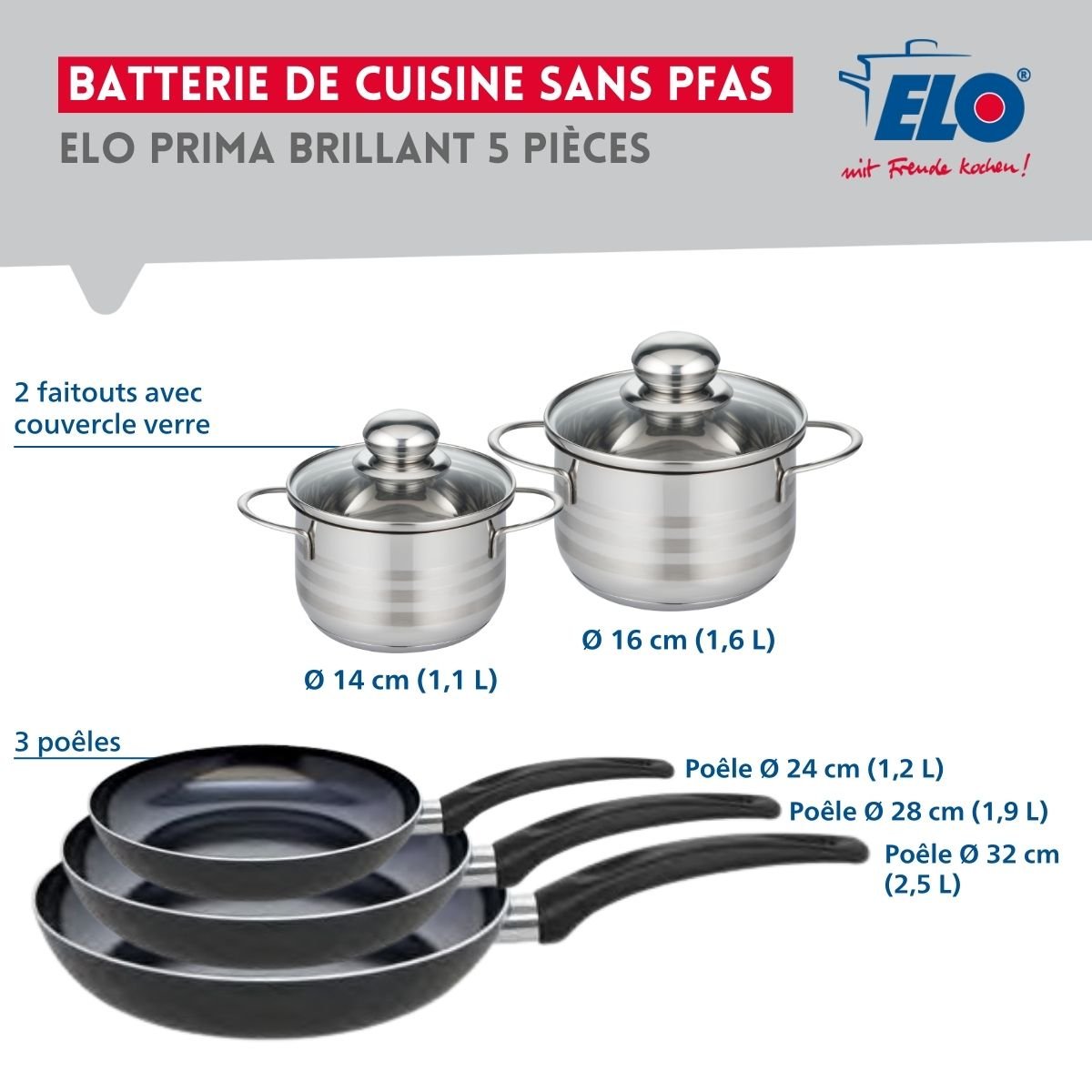 Batterie 3 poêles 24/28/32cm + 2 faitouts 14/16cm PRIMA BRILLANT noir, ELO