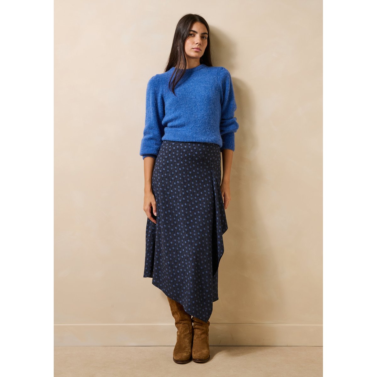 Jupe midi asymétrique à imprimé graphique bleu, LA FEE MARABOUTEE