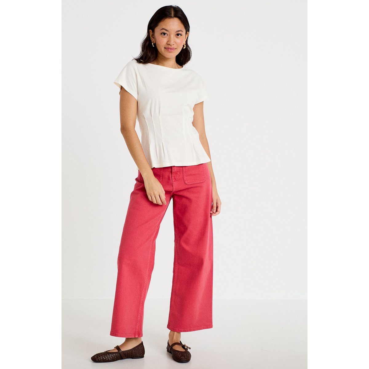 Jean wide leg cropped taille haute rose framboise, CACHE CACHE