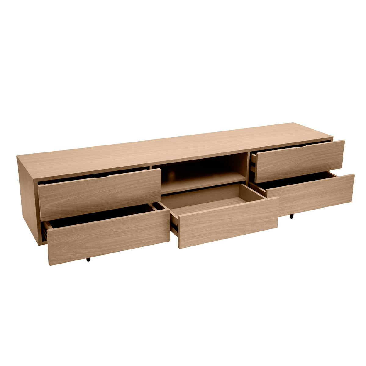 Meuble TV design avec rangements finition bois clair chêne et métal noir L180 cm ALASKA chêne clair, MILIBOO