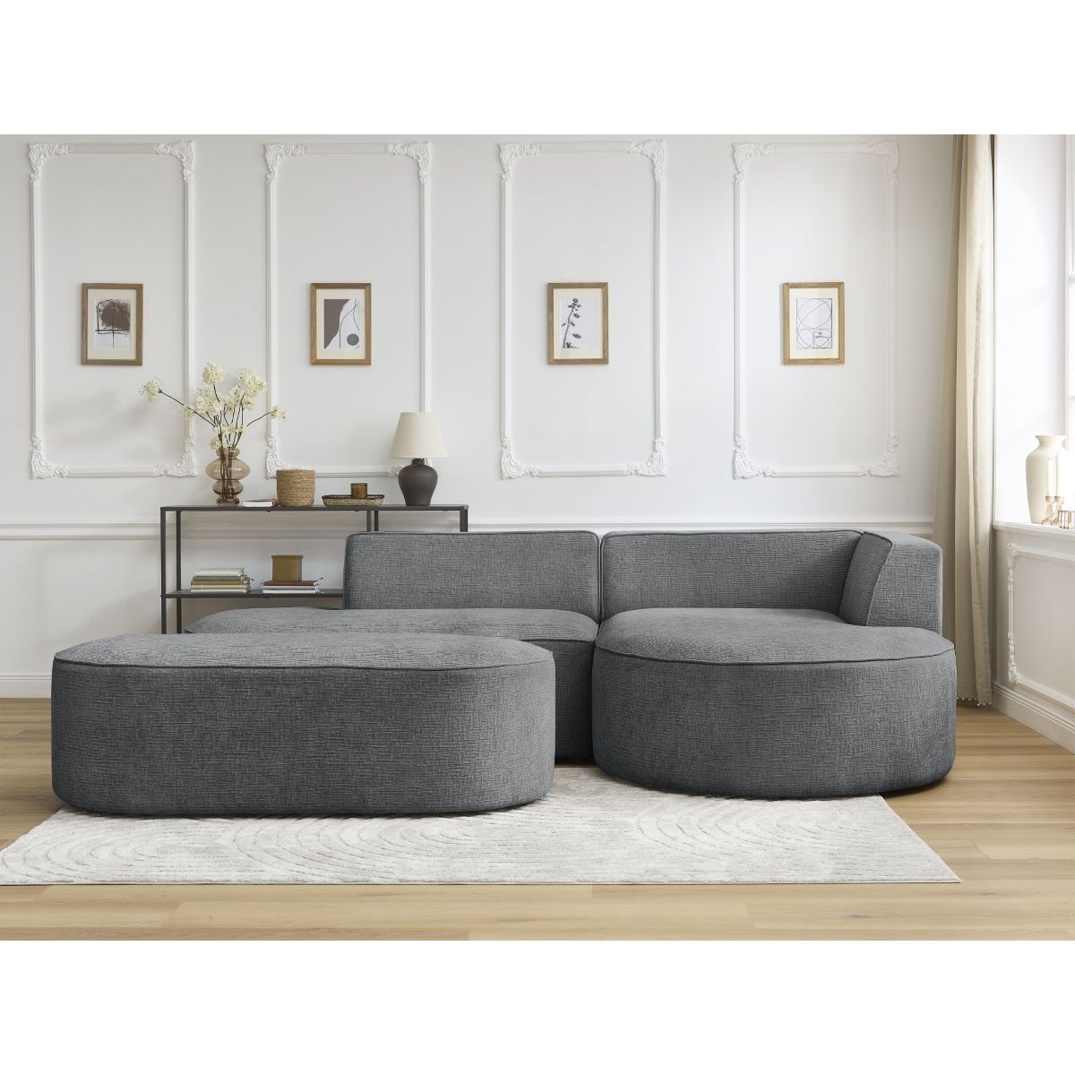 Canapé d'angle fixe 5 places en tissu texturé avec pouf, ROUSSEAU gris foncé, BOBOCHIC