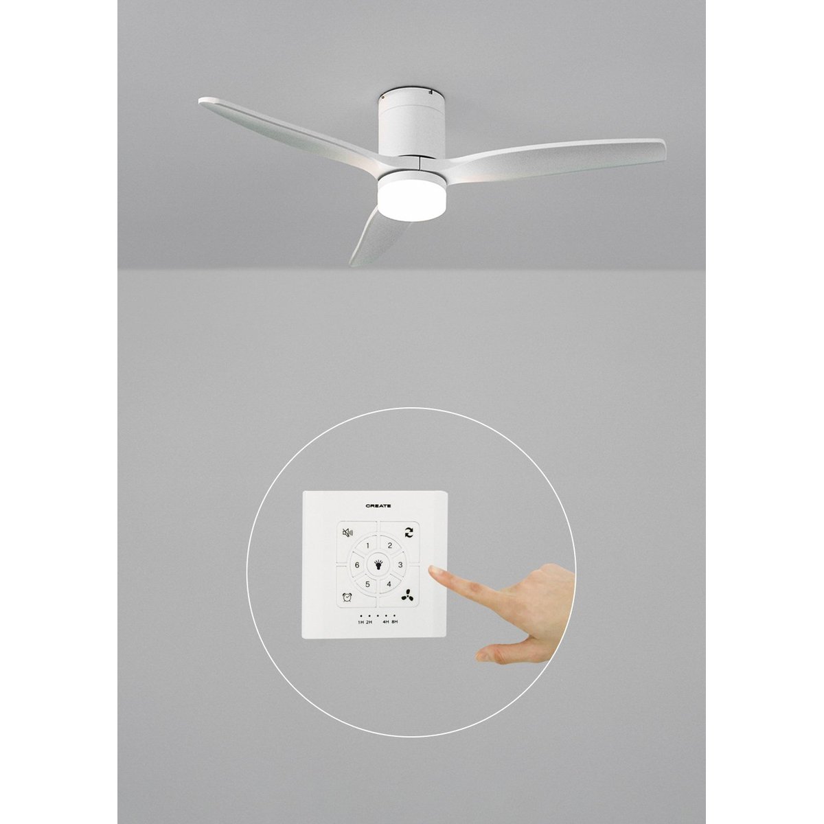 Ventilateur de plafond avec pales techniques en ABS avec lumière et contrôleur mural WIND CALM blanc/blanc, CREATE