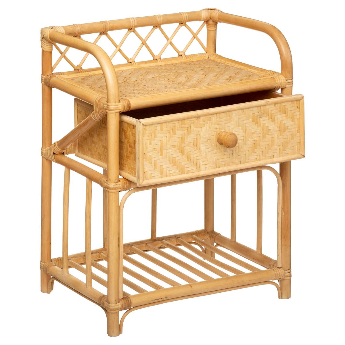 Table de chevet 1 tiroir 2 étagères rotin AONI beige, ATMOSPHERA