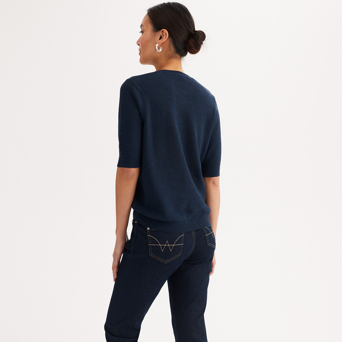 Pullover mit Rundhalsausschnitt, aus feinem Pointelle-Strick, aus Leinen und Baumwolle marine, ANNE WEYBURN