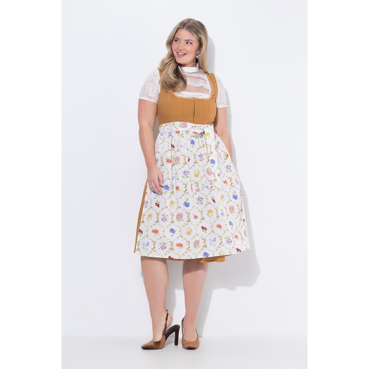 Dirndl en lin mélangé, pinces, fleurs brun doré, ULLA POPKEN