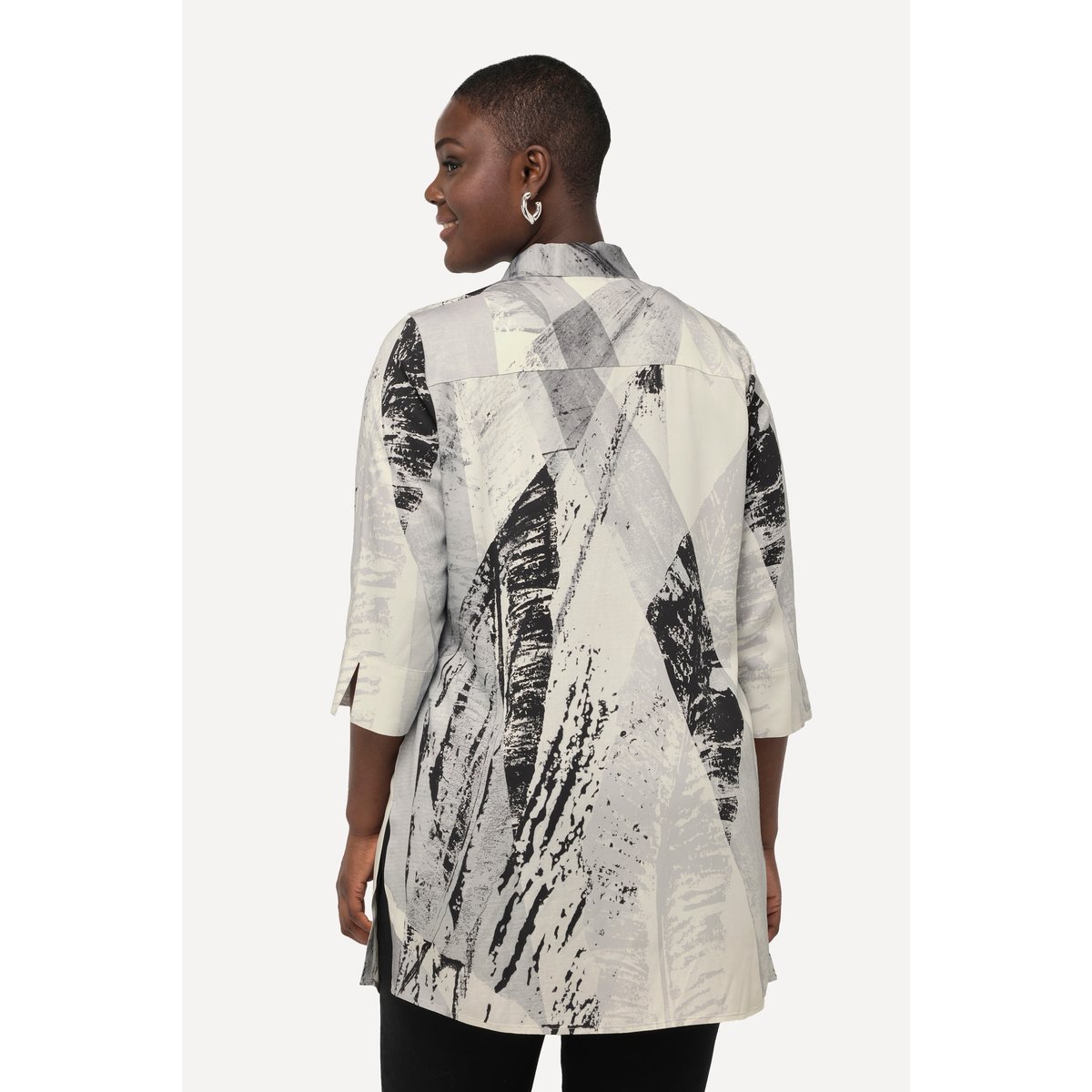 Blouse longue à motif plumes noir, ULLA POPKEN