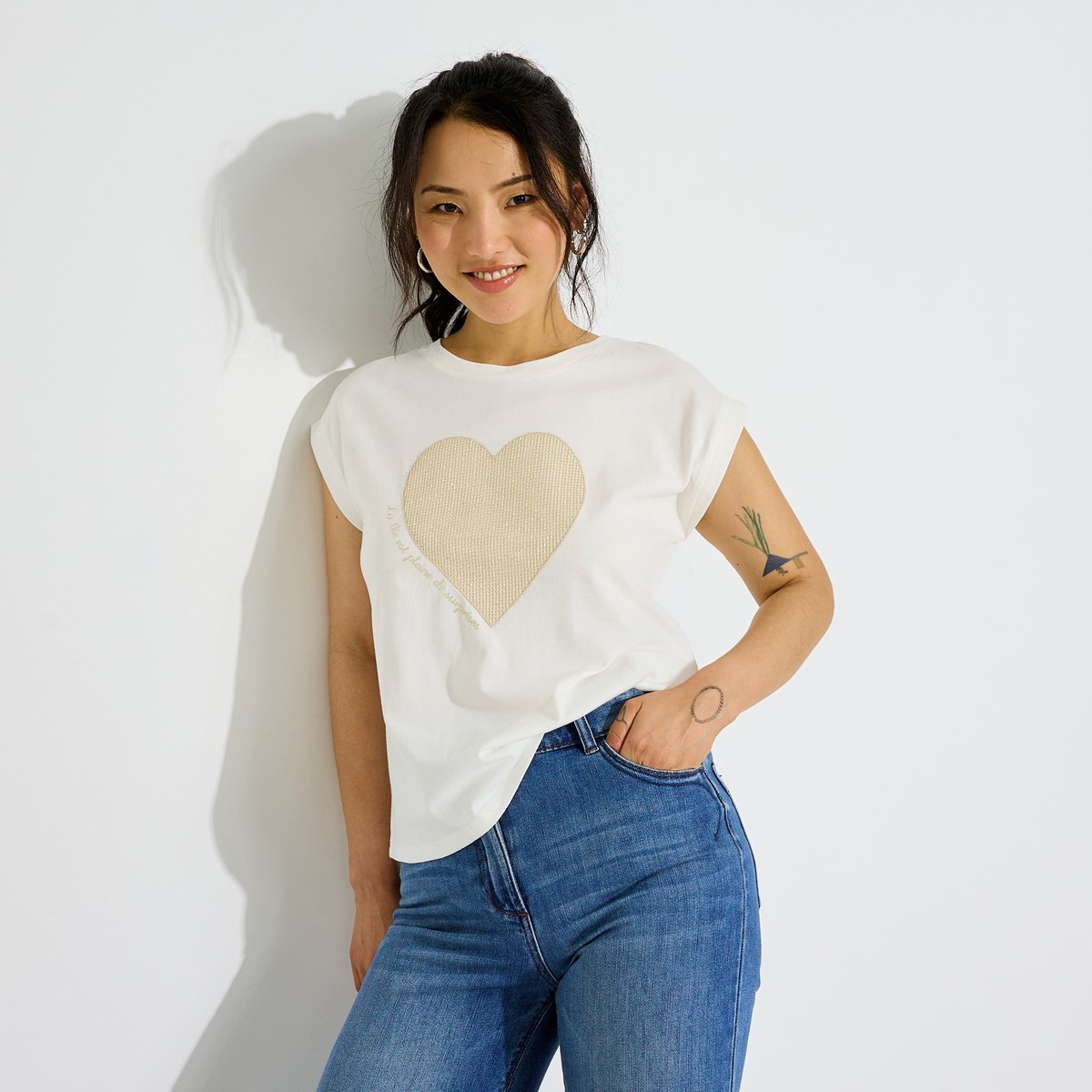 T-shirt motif cœur pailleté blanc cassé blanc, GRAIN DE MALICE