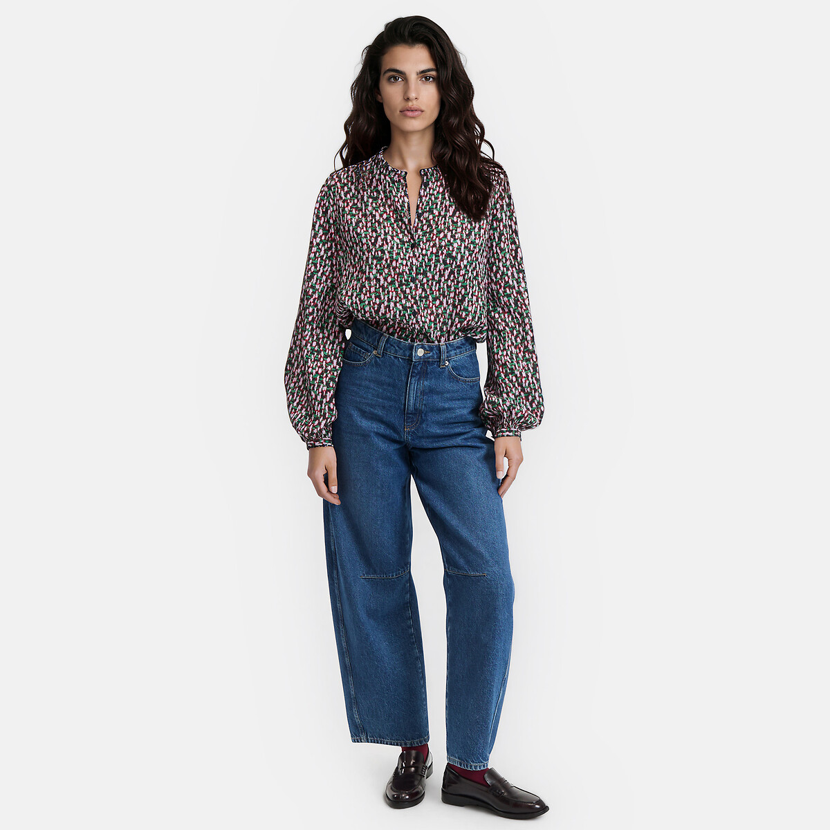 Blouse col volanté, imprimé graphique, en viscose imprimé fond marine, LA REDOUTE COLLECTIONS
