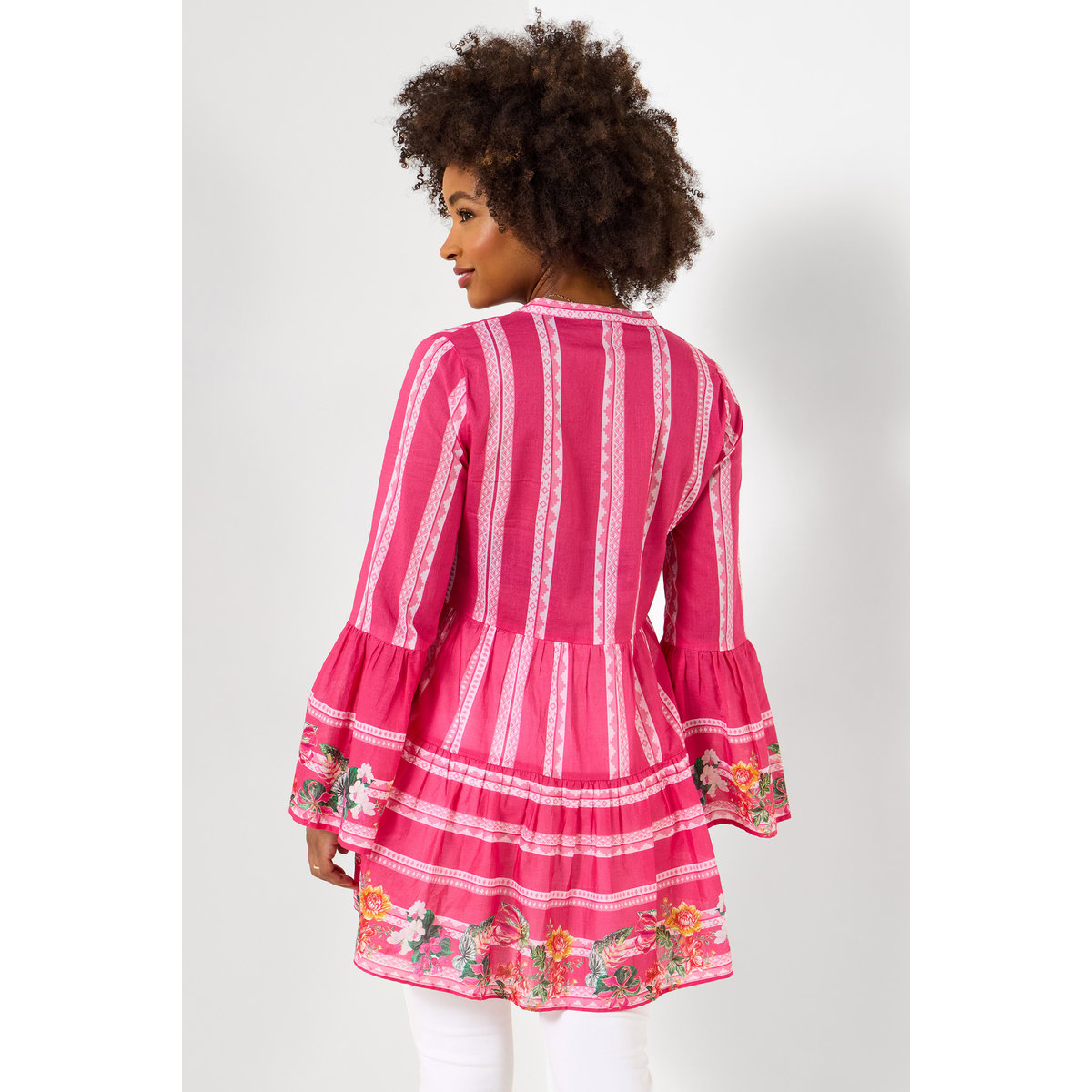 Robe tunique coton florale à manches évasées rose, JOE BROWNS