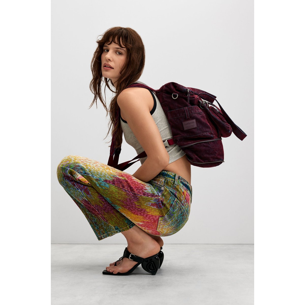 grand sac à dos multiposition en denim velours rouge, DESIGUAL