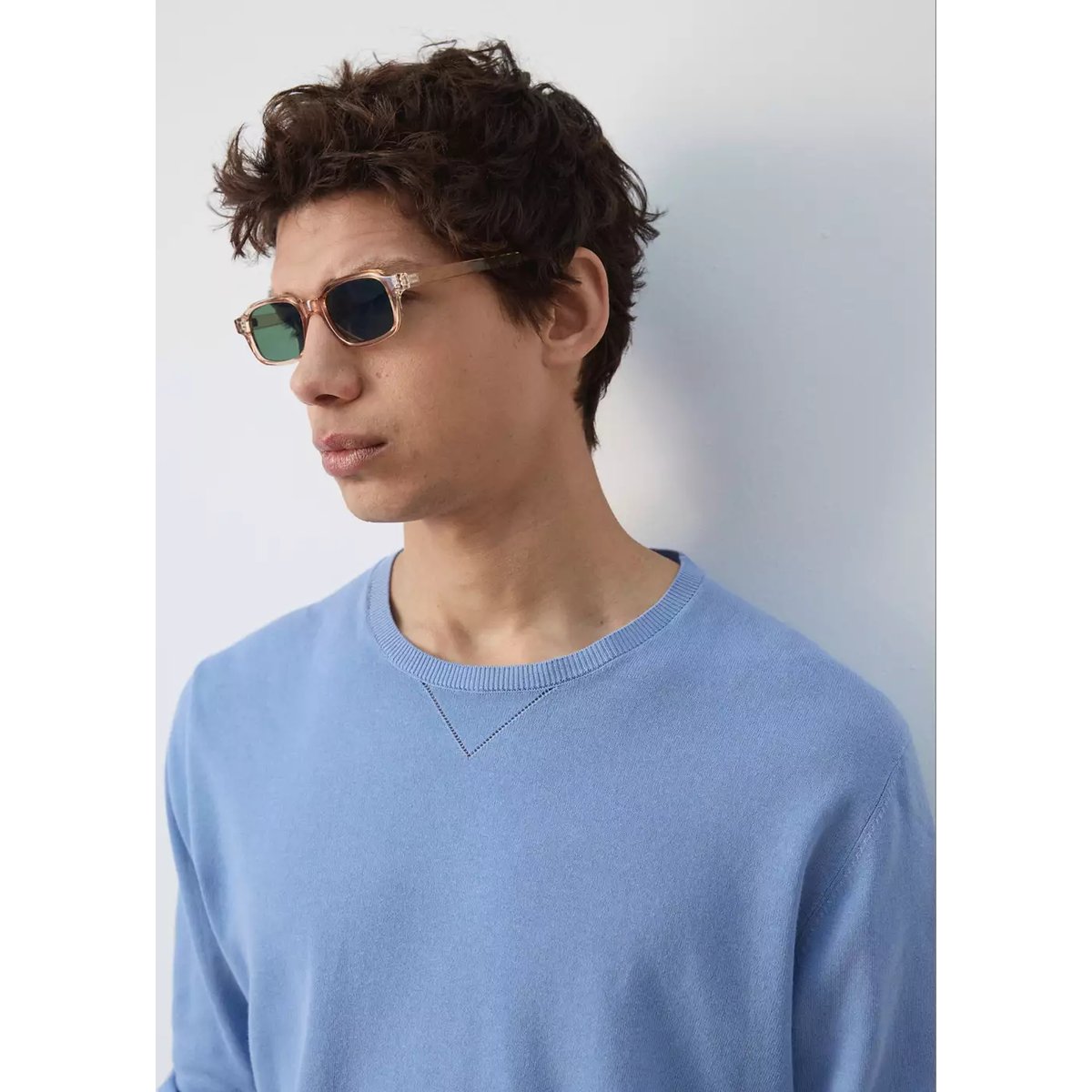 Pull-over 100 % coton maille fine bleu porcelaine, MANGO MAN