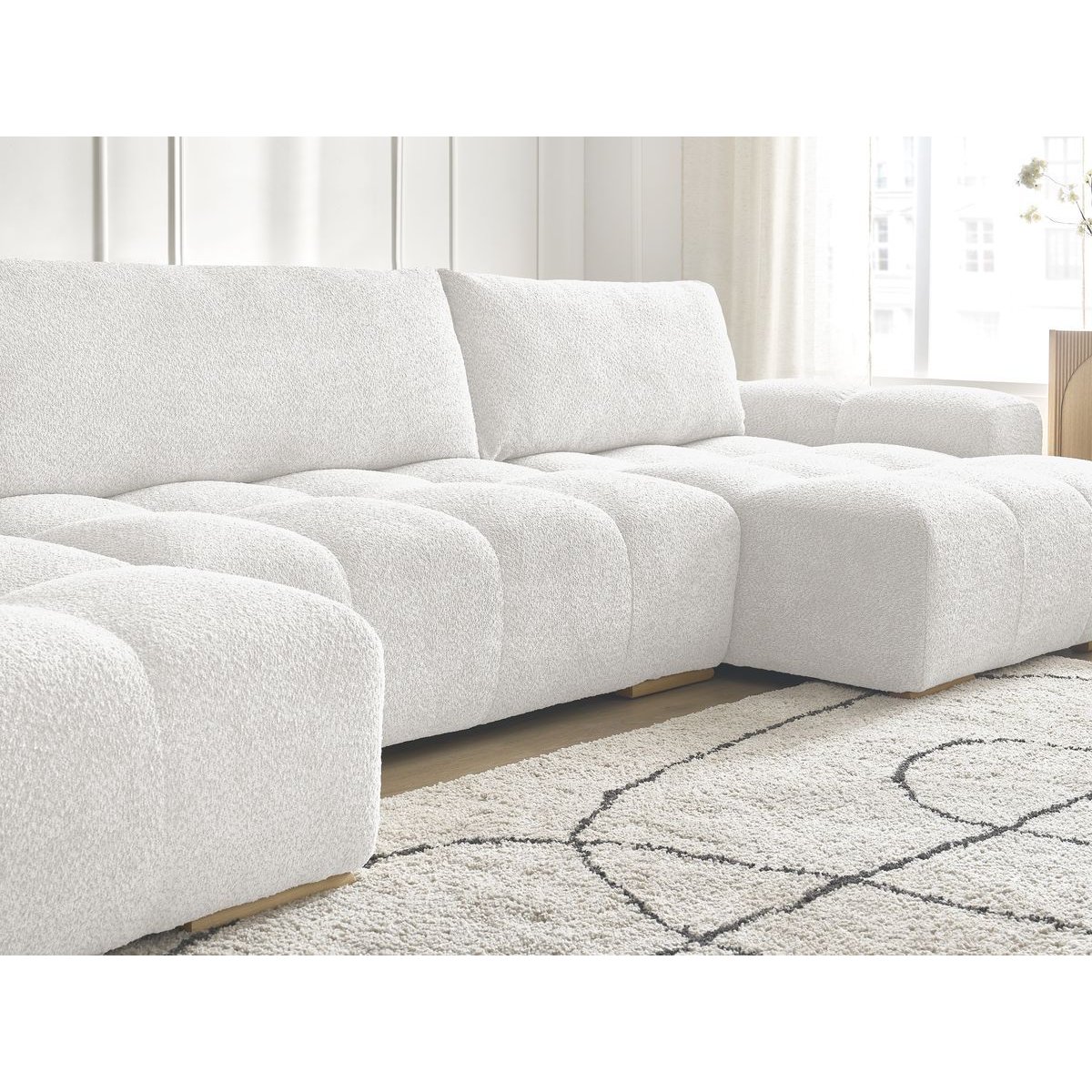 Canapé panoramique convertible 6 places en tissu bouclette, ANAKIN blanc, BOBOCHIC