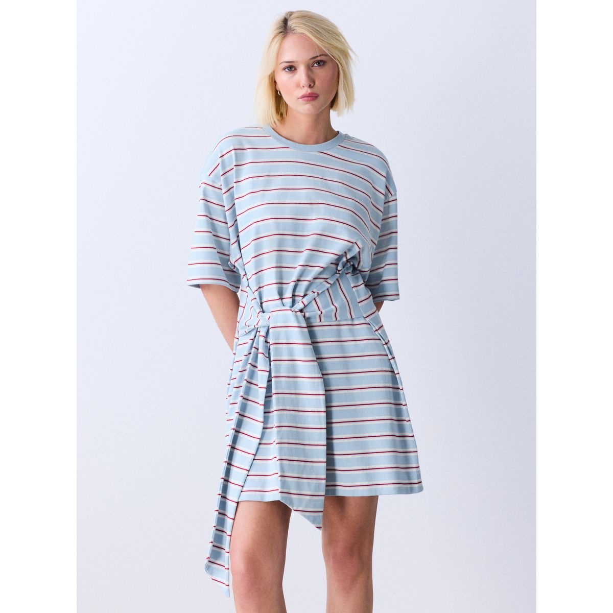 Robe t-shirt jersey coton taille nouée rayures bleues, NEXT