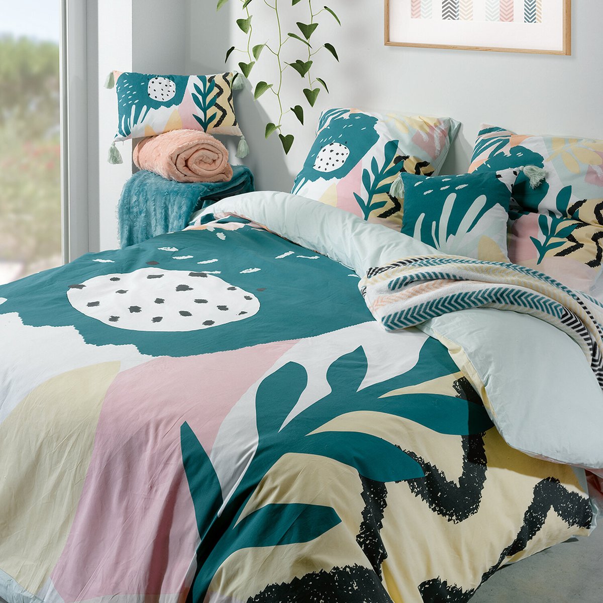 Parure housse de couette en coton imprimée, Emilia bleu, C DESIGN HOME TEXTILE