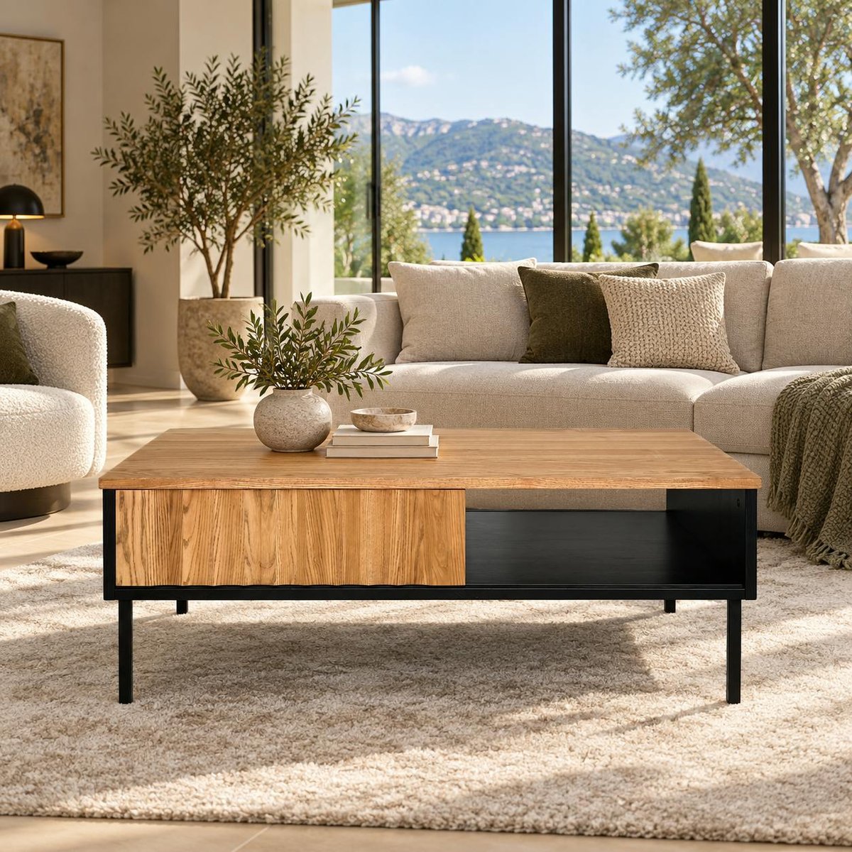 Table basse en bois bicolore avec façade ondulée TARAN bois naturel, PIER IMPORT