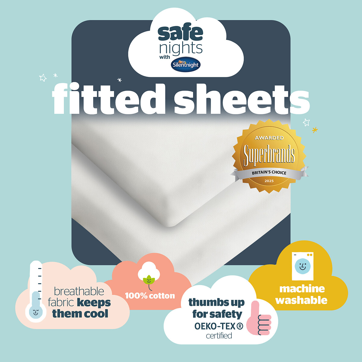 Pack of 2 Safe Nights Crib Fitted Sheets white, SILENTNIGHT
