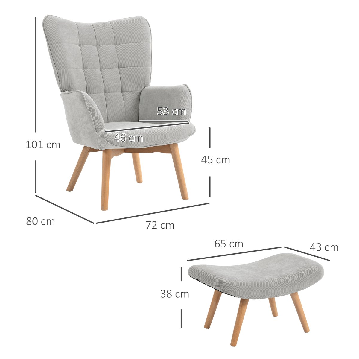 Fauteuil d'appoint avec repose-pieds gris, HOMCOM