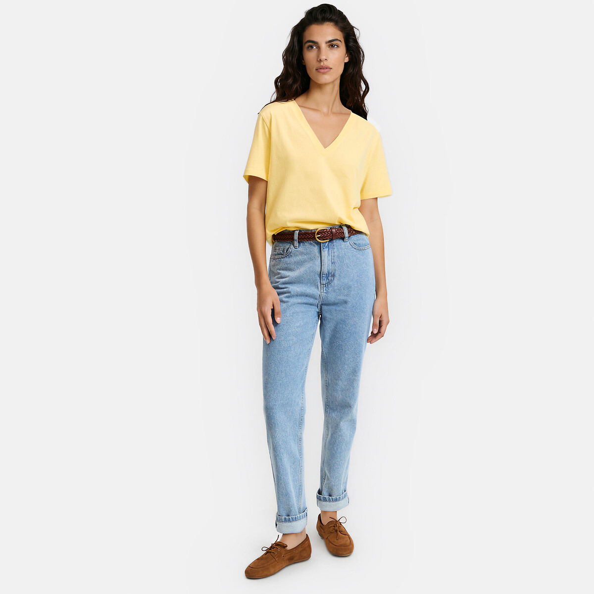Loose Fit V-Neck T-Shirt with Short Sleeves yellow, LA REDOUTE COLLECTIONS