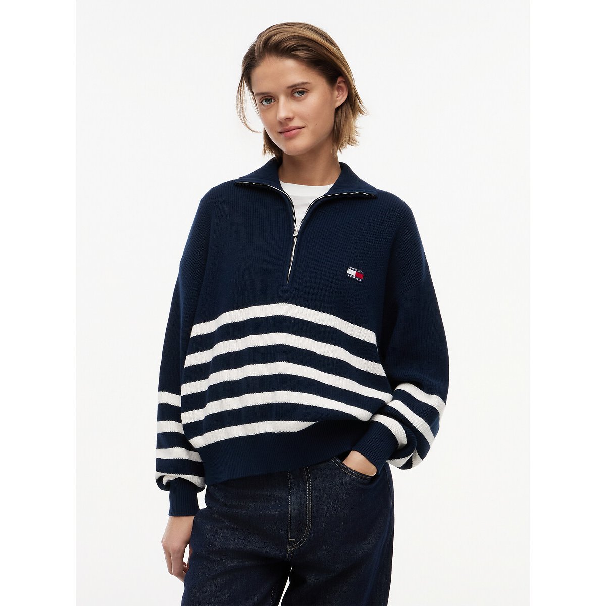 Striped Zip-Up Collar Jumper navy/ecru, TOMMY JEANS