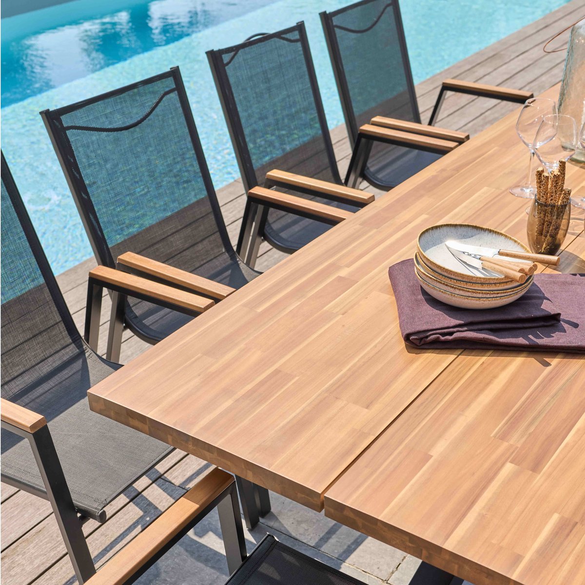 Salon de jardin table en bois d'acacia et 10 fauteuils, STELLA bois, OVIALA