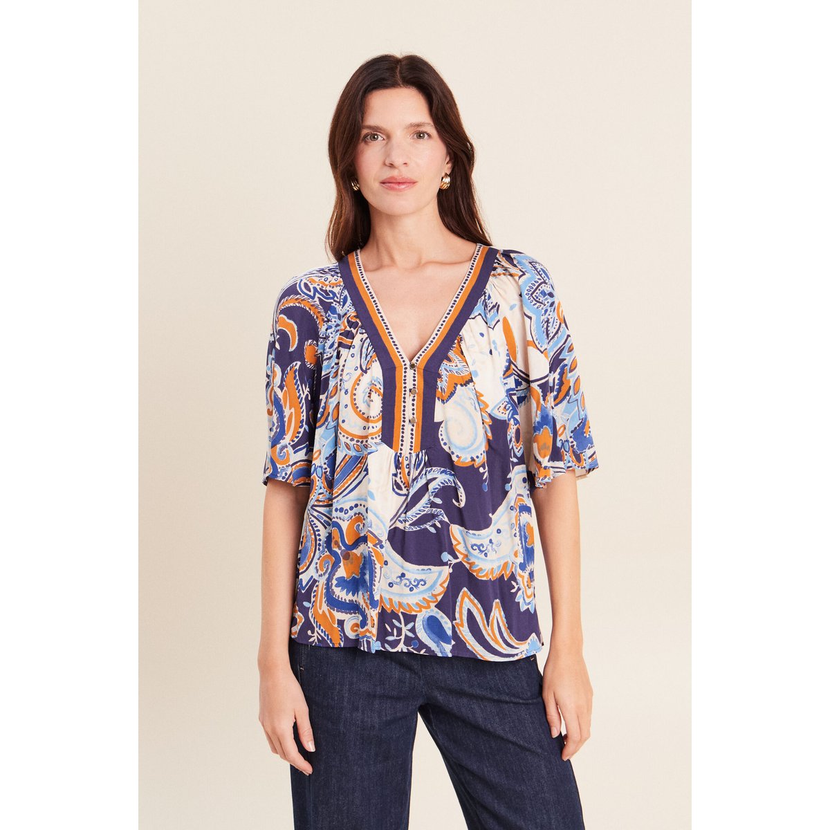 Blouse ample col v manches 3/4 bleu, BREAL