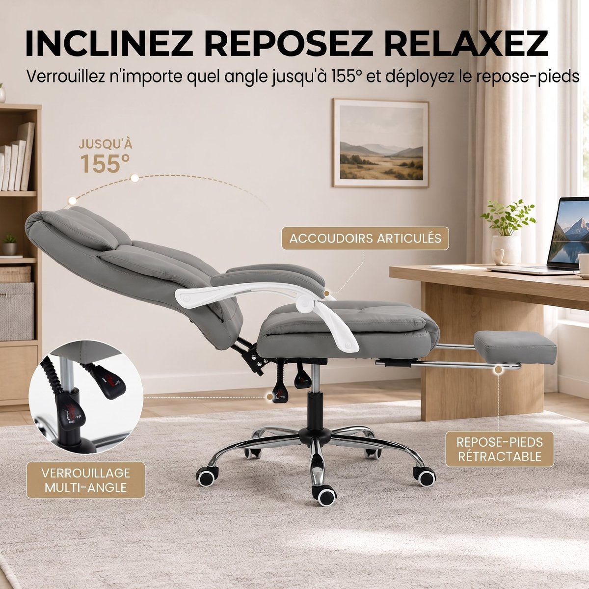 Chaise de bureau Cuir synthétique adapté aux gris, HOMCOM