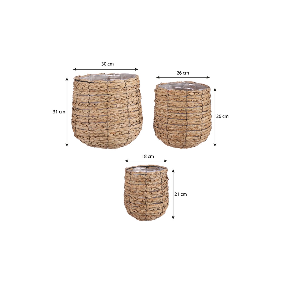 Ensemble de 3 paniers à plantes en jonc de mer tressé Ø30 cm AVALON marron clair, MICA DECORATIONS