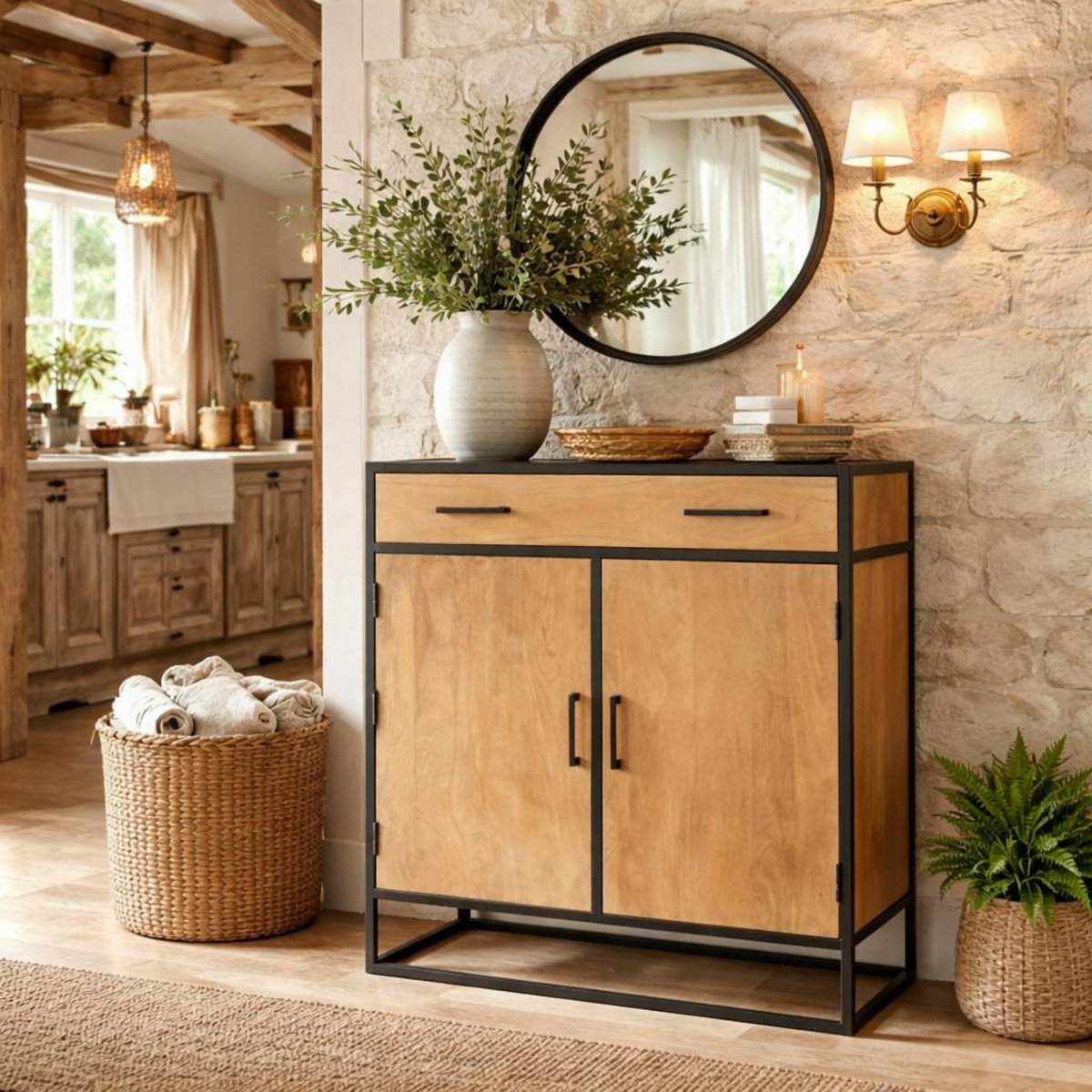 Petit meuble d'entrée en bois clair 2 portes RIVANO bois naturel, PIER IMPORT