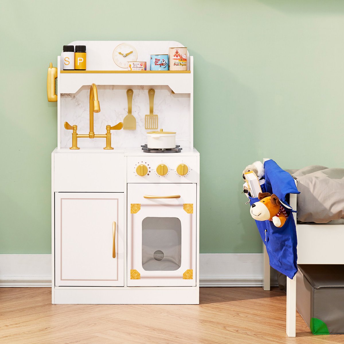 Cuisine enfant avec détails dorés, four et 11 accessoires, Blanc, VERSAILLES couleur unique, TEAMSON KIDS