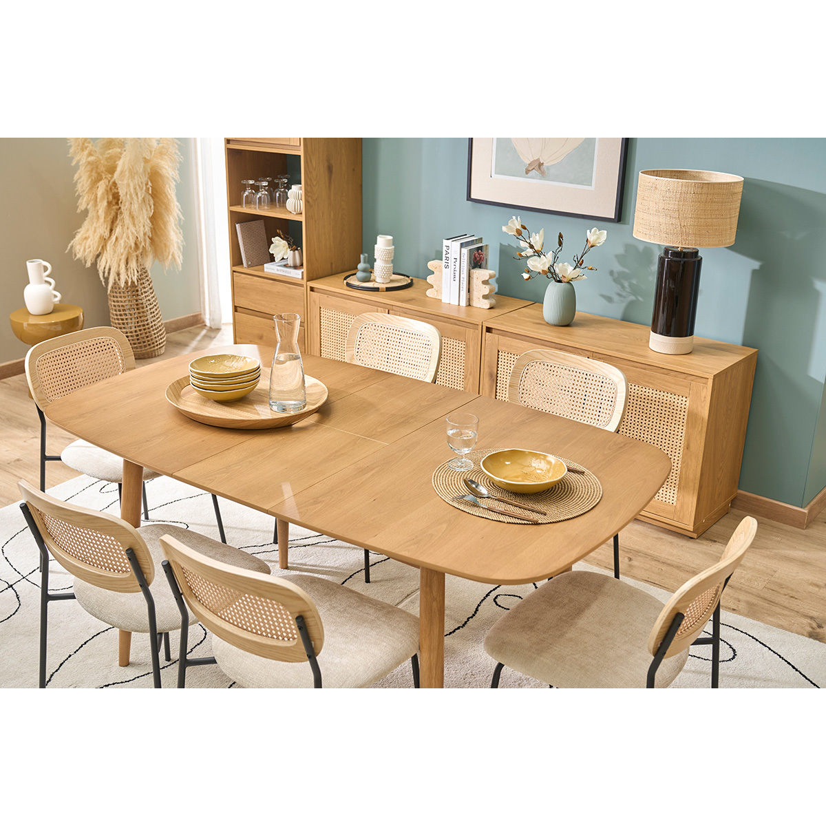 Table extensible rallonges intégrées rectangulaire en bois clair chêne L130-160 cm HELMA couleur unique, MILIBOO