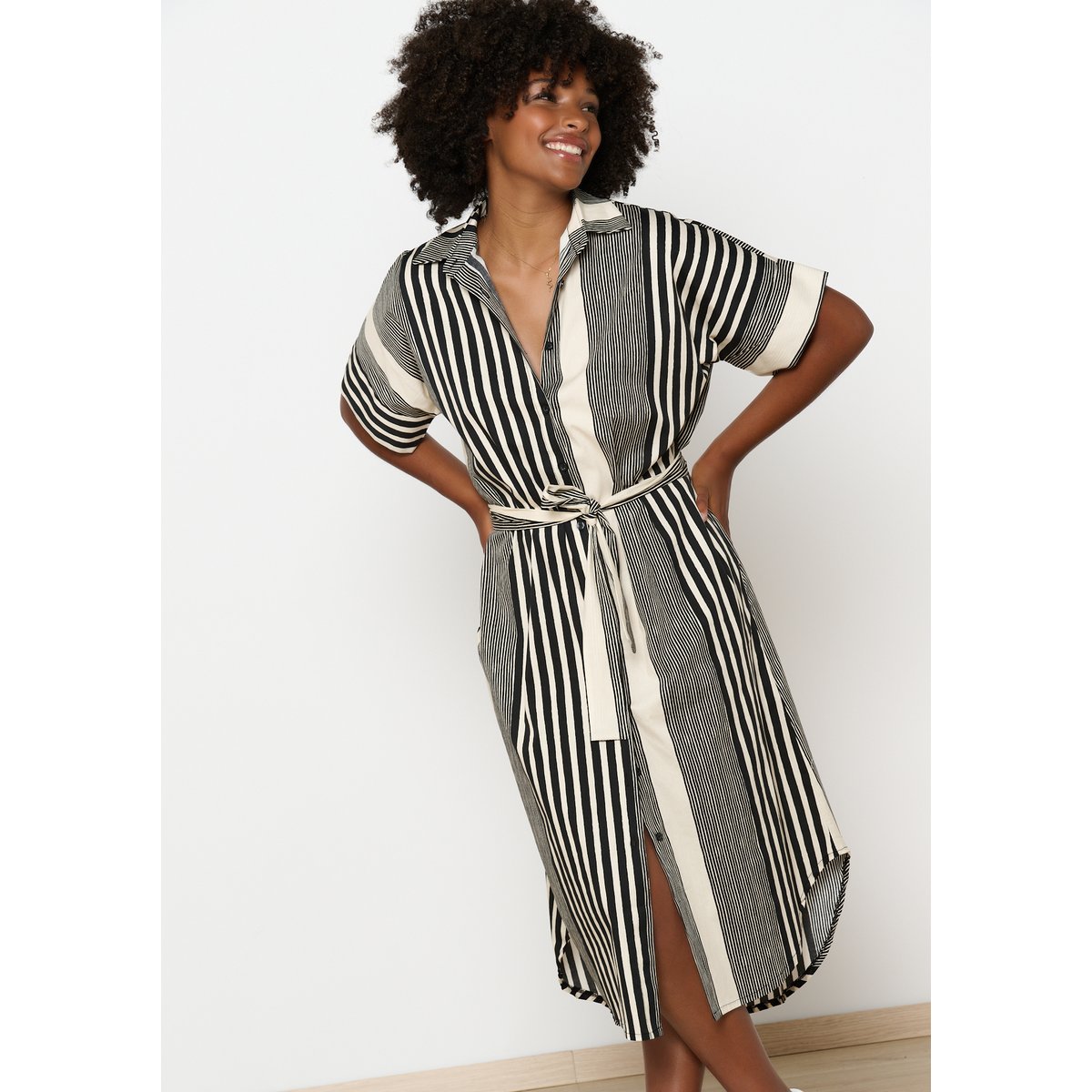 Robe-chemise mi-longue à rayures noir, LOLALIZA