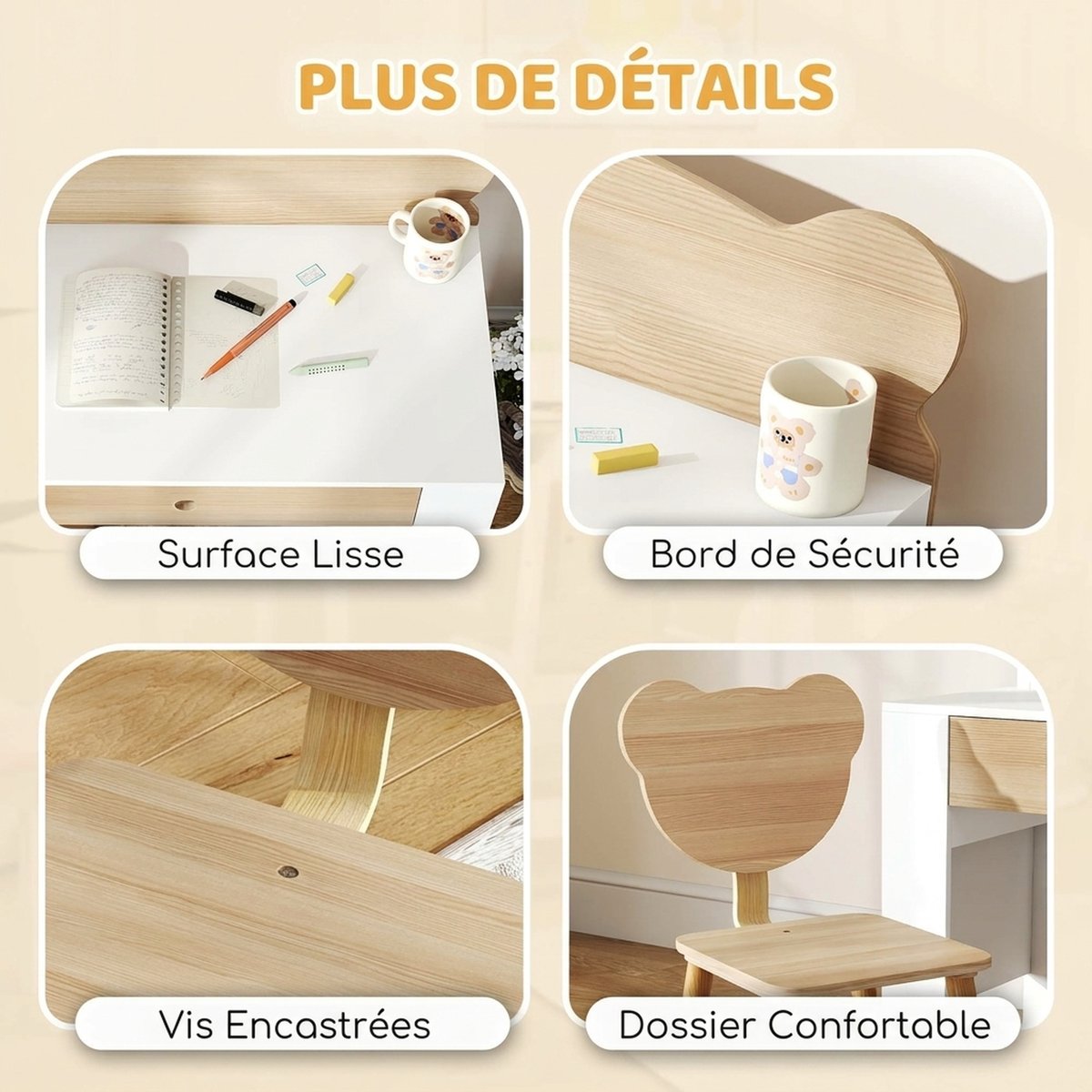 Bureau d'étude pour enfants avec chaise MDF bois naturel et blanc, AIYAPLAY
