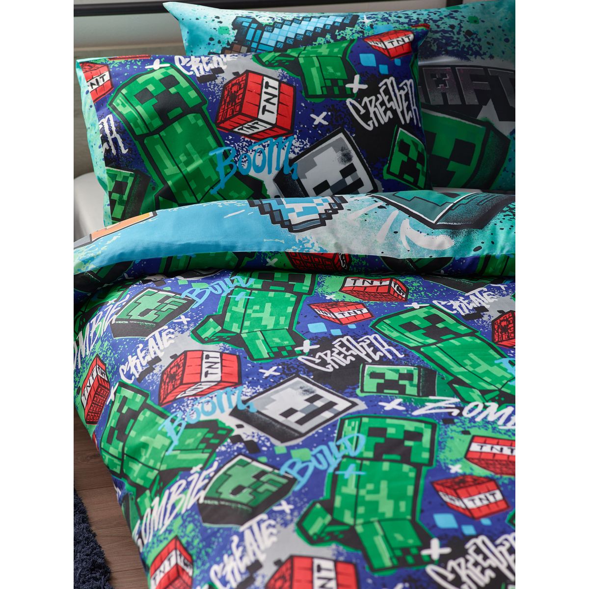 Parure housse de couette et taie d'oreiller minecraft vert, NEXT
