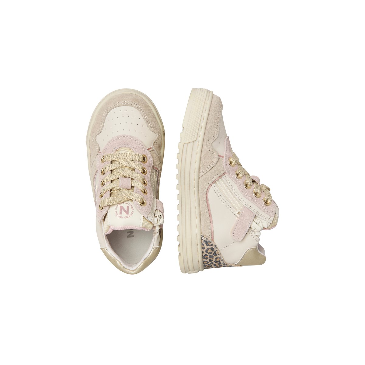 Baskets hautes en cuir et velours HESS HIGH 3 ZIP. blanc-beige-rose poudré, NATURINO